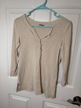 Ann Taylor Silk Beige Taupe Crochet Lace Henley Button Knit Top Small